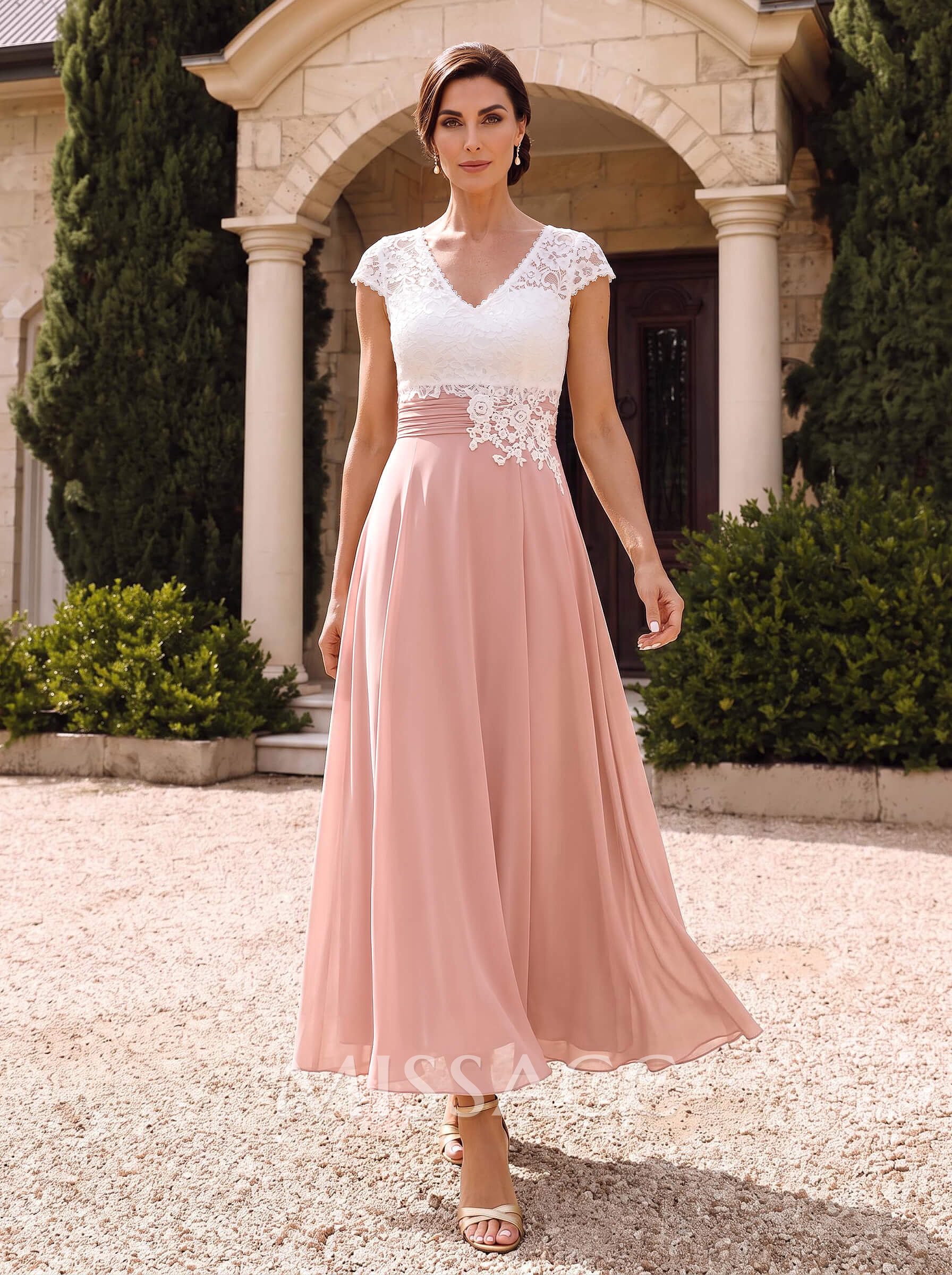 A-Line V-Neck Midi Chiffon Mother of the Bride Dresses with Lace Appliqué