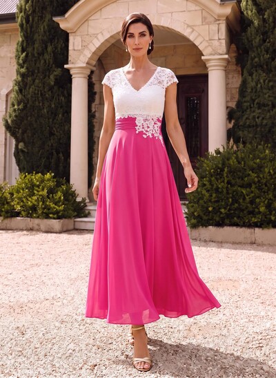 A-Line V-Neck Tea-Length Chiffon Mother Of The Bride Dresses With Appliques Lace