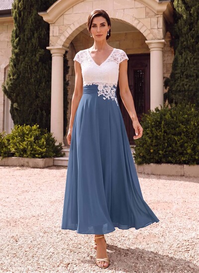 A-Line V-Neck Tea-Length Chiffon Mother Of The Bride Dresses With Lace Appliques