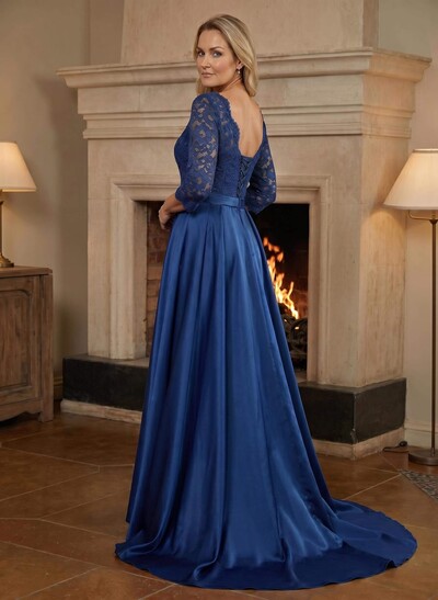 A-Line/Princess Scoop Neck Sweep/Brush Train Satin Mother Of The Bride Dresses With Lace