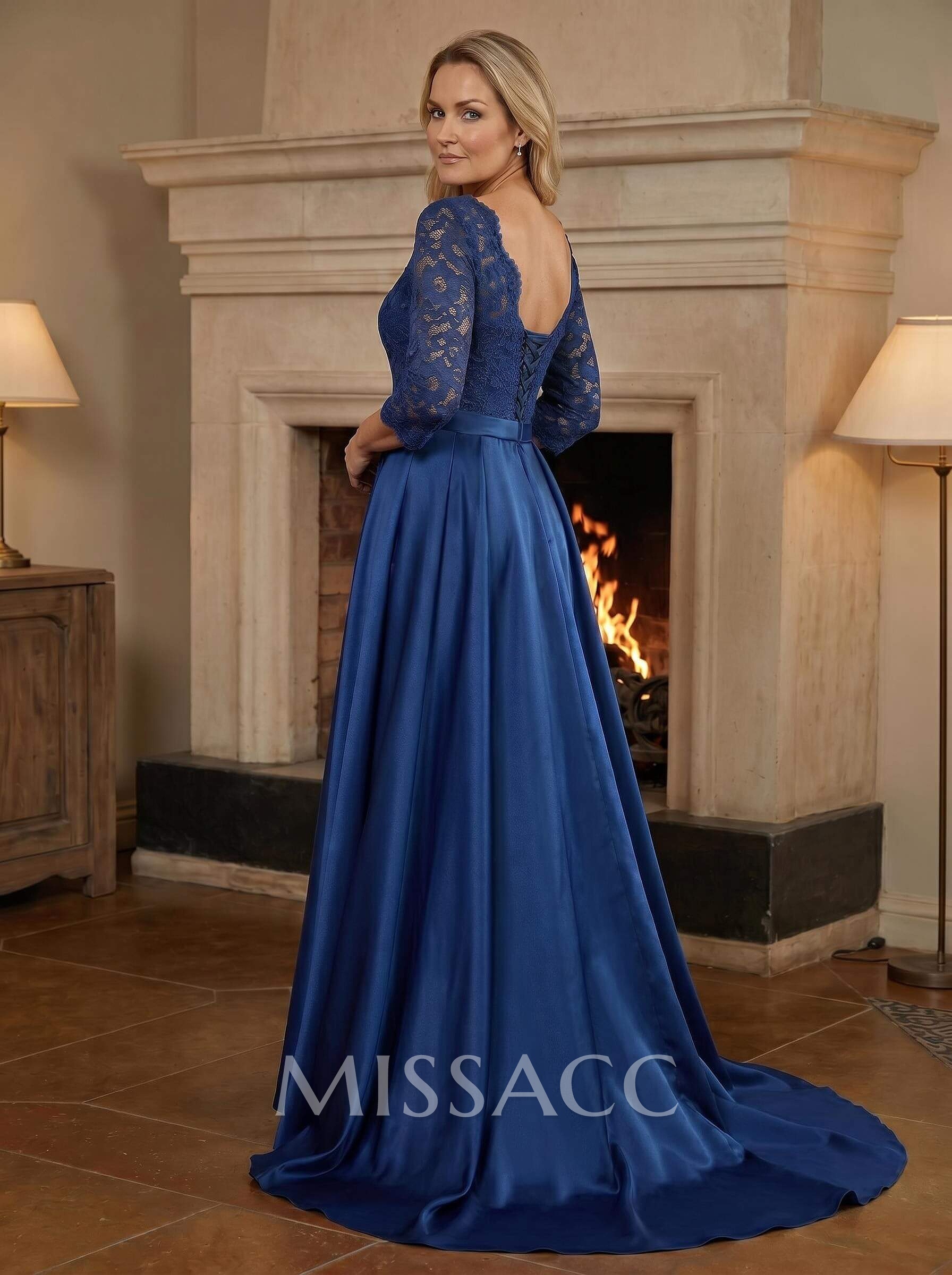 A-Line/Princess Scoop Neck Sweep/Brush Train Satin Mother Of The Bride Dresses With Lace A-Line/Princess Scoop Neck Sweep/Brush Train Satin Mother Of The Bride Dresses With Lace