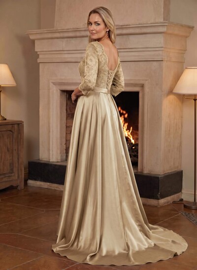 A-Line/Princess Scoop Neck Sweep/Brush Train Satin Mother Of The Bride Dresses With Lace