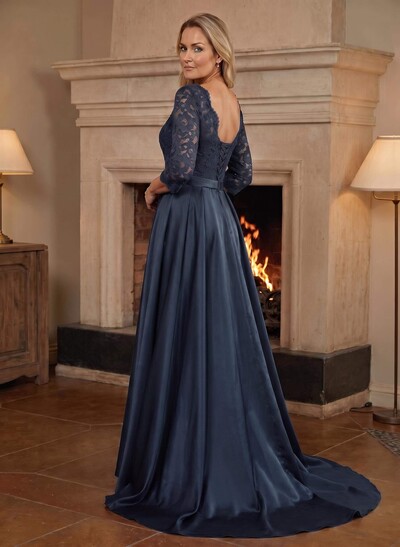 A-Line/Princess Scoop Neck Sweep/Brush Train Satin Mother Of The Bride Dresses With Lace