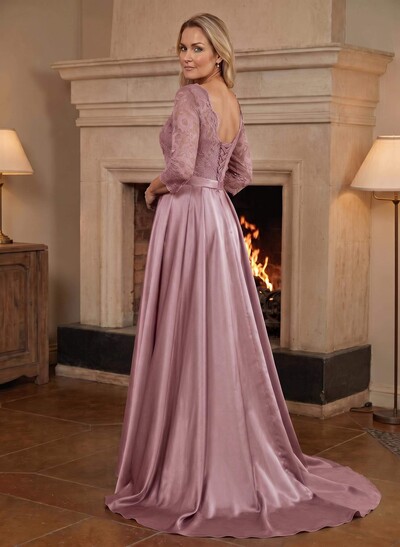 A-Line/Princess Scoop Neck Sweep/Brush Train Satin Mother Of The Bride Dresses With Lace