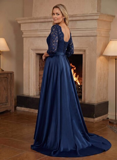 A-Line/Princess Scoop Neck Sweep/Brush Train Satin Mother Of The Bride Dresses With Lace