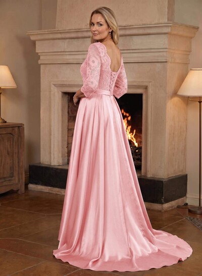 A-Line/Princess Scoop Neck Sweep/Brush Train Satin Mother Of The Bride Dresses With Lace