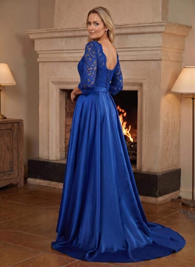 A-Line/Princess Scoop Neck Sweep/Brush Train Satin Mother Of The Bride Dresses With Lace