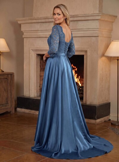 A-Line/Princess Scoop Neck Sweep/Brush Train Satin Mother Of The Bride Dresses With Lace