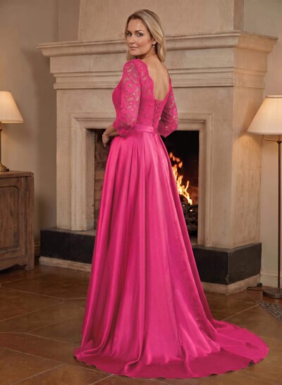 A-Line/Princess Scoop Neck Sweep/Brush Train Satin Mother Of The Bride Dresses With Lace