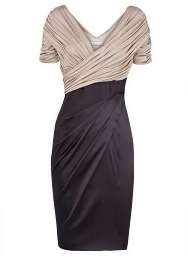 Sheath/Column V-Neck Knee-Length Silk Like Satin Mother Of The Bride Dresses With Pleated
