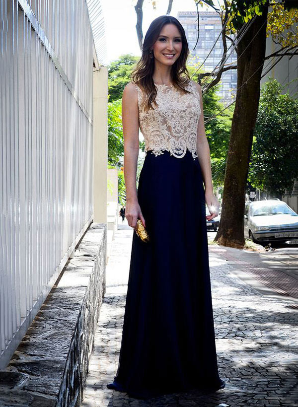 Sheath/Column Scoop Neck Floor-Length Chiffon Mother of the Bride Dress With Lace