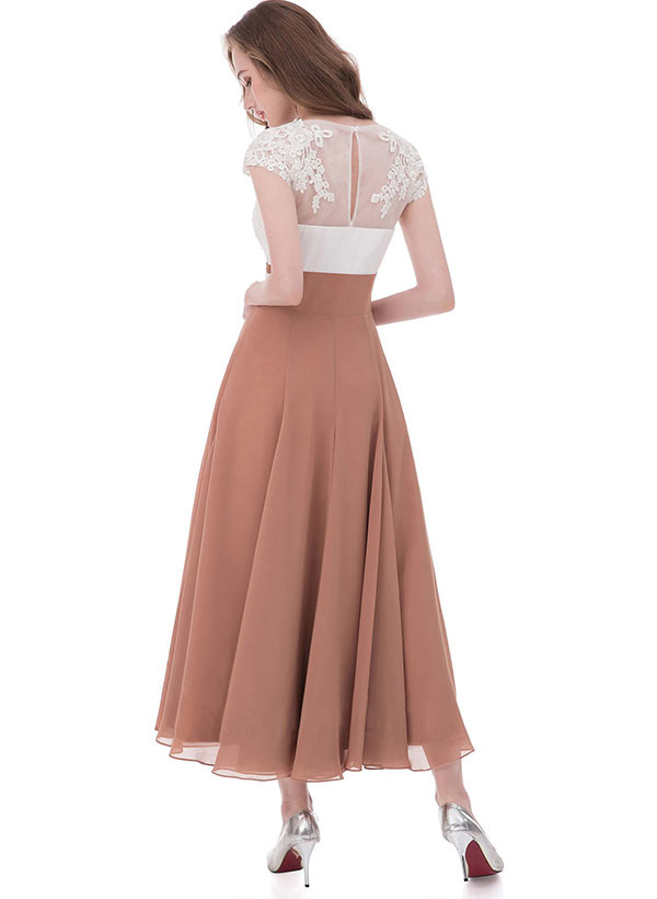A-Line V-Neck Tea-Length Chiffon Pleated Mother Of The Bride Dress With Appliques Lace