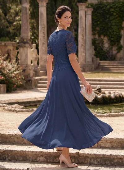 A-Line Scoop Neck Ankle-Length Chiffon Mother Of The Bride Dress With Lace