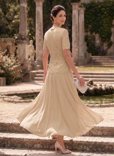 A-Line Scoop Neck Ankle-Length Chiffon Mother Of The Bride Dress With Lace