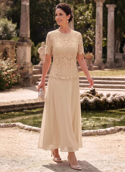 A-Line Scoop Neck Ankle-Length Chiffon Mother Of The Bride Dress With Lace