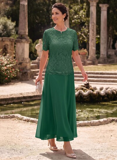 A-Line Scoop Neck Ankle-Length Chiffon Mother Of The Bride Dress With Lace