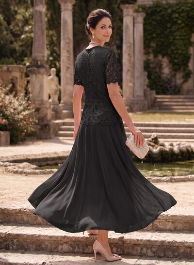 A-Line Scoop Neck Ankle-Length Chiffon Mother Of The Bride Dress With Lace