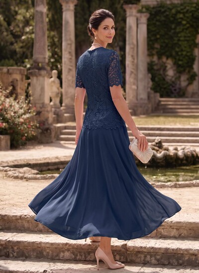 A-Line Scoop Neck Ankle-Length Chiffon Mother Of The Bride Dress With Lace