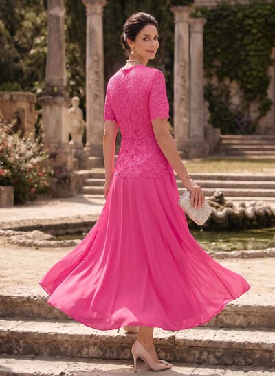 A-Line Scoop Neck Ankle-Length Chiffon Mother Of The Bride Dress With Lace