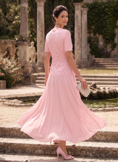 A-Line Scoop Neck Ankle-Length Chiffon Mother Of The Bride Dress With Lace