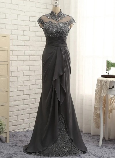 Sheath/Column High Neck Sweep Train Chiffon Cascading Ruffles Mother Of The Bride Dresses With Beading