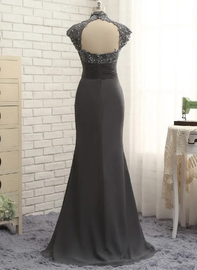 Sheath/Column High Neck Sweep Train Chiffon Cascading Ruffles Mother Of The Bride Dresses With Beading