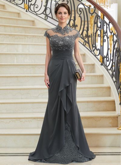 Sheath/Column High Neck Sweep Train Chiffon Cascading Ruffles Mother Of The Bride Dresses With Beading