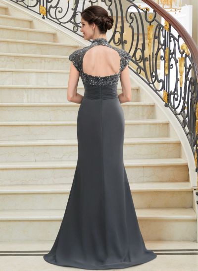 Sheath/Column High Neck Sweep Train Chiffon Cascading Ruffles Mother Of The Bride Dresses With Beading