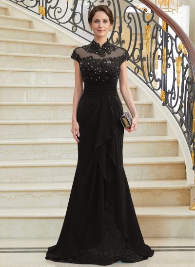 Sheath/Column High Neck Sweep Train Chiffon Cascading Ruffles Mother Of The Bride Dresses With Beading