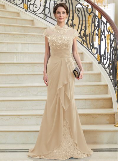 Sheath/Column High Neck Sweep Train Chiffon Cascading Ruffles Mother Of The Bride Dresses With Beading