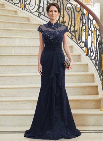 Sheath/Column High Neck Sweep Train Chiffon Cascading Ruffles Mother Of The Bride Dresses With Beading