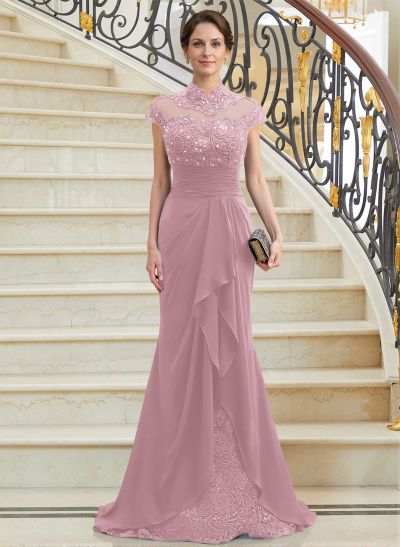 Sheath/Column High Neck Sweep Train Chiffon Cascading Ruffles Mother Of The Bride Dresses With Beading