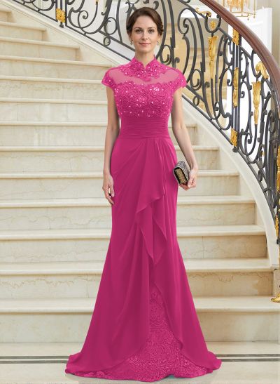 Sheath/Column High Neck Sweep Train Chiffon Cascading Ruffles Mother Of The Bride Dresses With Beading