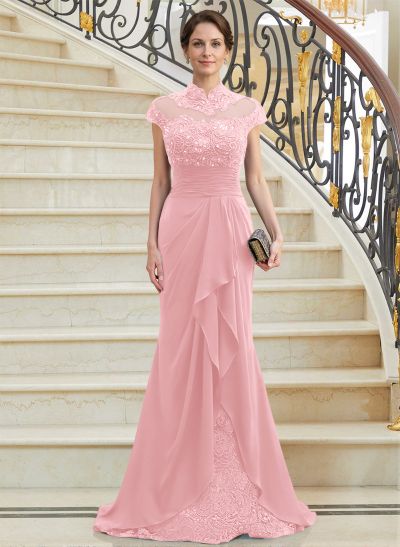 Sheath/Column High Neck Sweep Train Chiffon Cascading Ruffles Mother Of The Bride Dresses With Beading