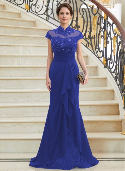 Sheath/Column High Neck Sweep Train Chiffon Cascading Ruffles Mother Of The Bride Dresses With Beading