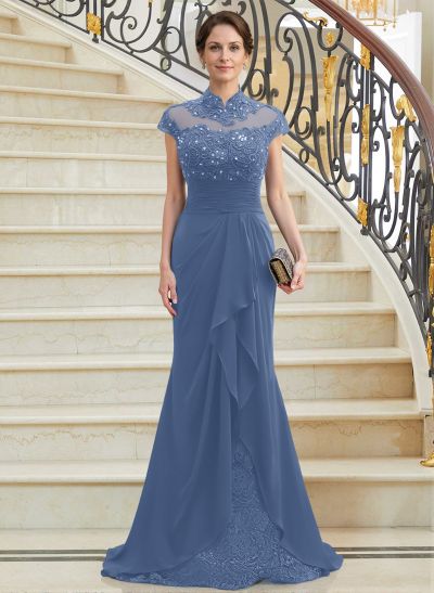 Sheath/Column High Neck Sweep Train Chiffon Cascading Ruffles Mother Of The Bride Dresses With Beading