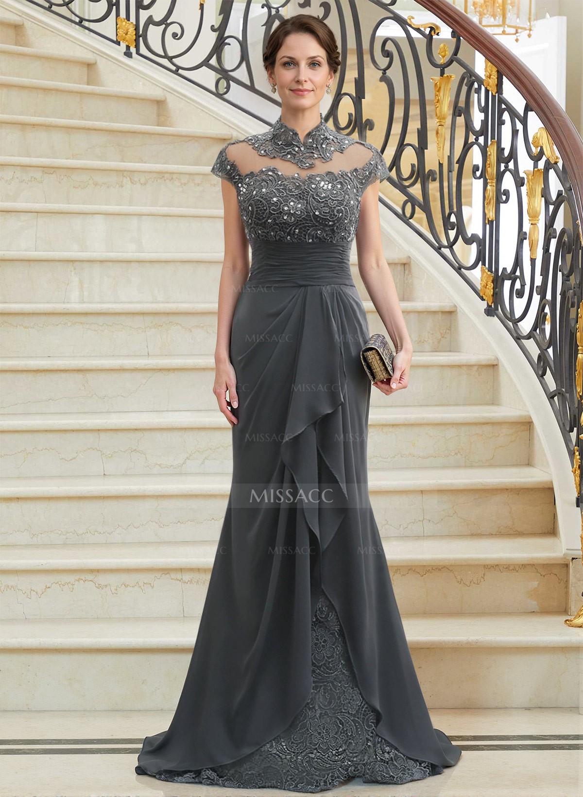 Sheath/Column High Neck Sweep Train Chiffon Cascading Ruffles Mother Of The Bride Dresses With Beading