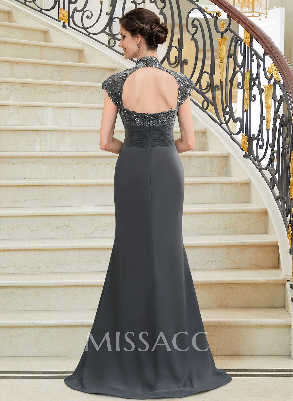 Sheath/Column High Neck Sweep Train Chiffon Cascading Ruffles Mother Of The Bride Dresses With Beading