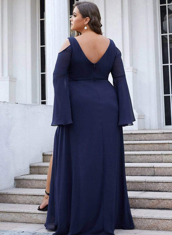 A-Line V-neck Long Sleeves Chiffon Floor-Length Mother of the Bride Dresses With Split Front