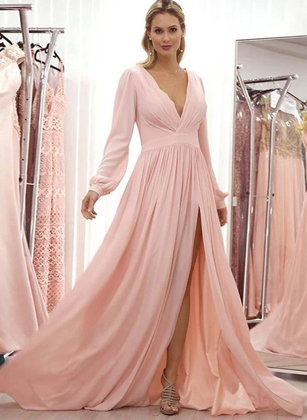 A-Line V-Neck Long Sleeves Chiffon Mother Of The Bride Dresses With Pleated Split Front