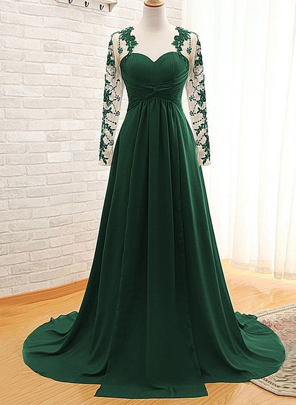 A-Line Sweetheart Sweep Train Chiffon Pleated Mother Of The Bride Dresses With Appliques Lace