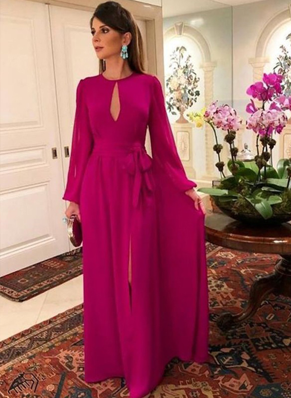A-Line Scoop Neck Floor-Length Chiffon Mother Of The Bride Dresses With Split Front
