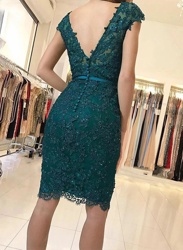 Sheath/Column V-Neck Knee-Length Lace Mother Of The Bride Dresses With Beading
