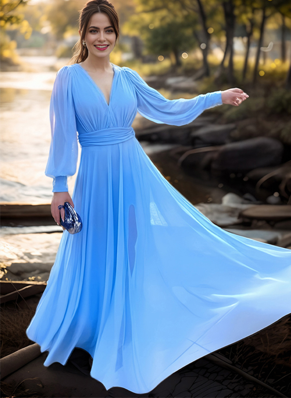 A-Line/Princess V-Neck Floor-Length Chiffon Pleated Mother Of The Bride Dresses With Split Front