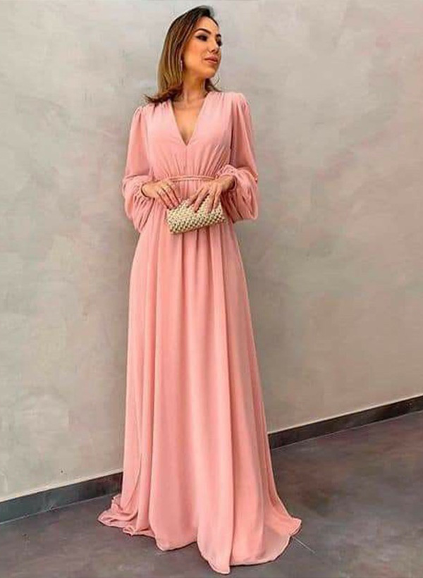 A-Line V-neck Long Sleeves Sweep Train Chiffon Ruffles Mother of the Bride Dresses
