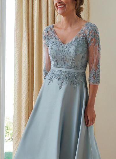 A-Line V-Neck Floor-Length Satin Mother Of The Bride Dresses With Appliques Lace