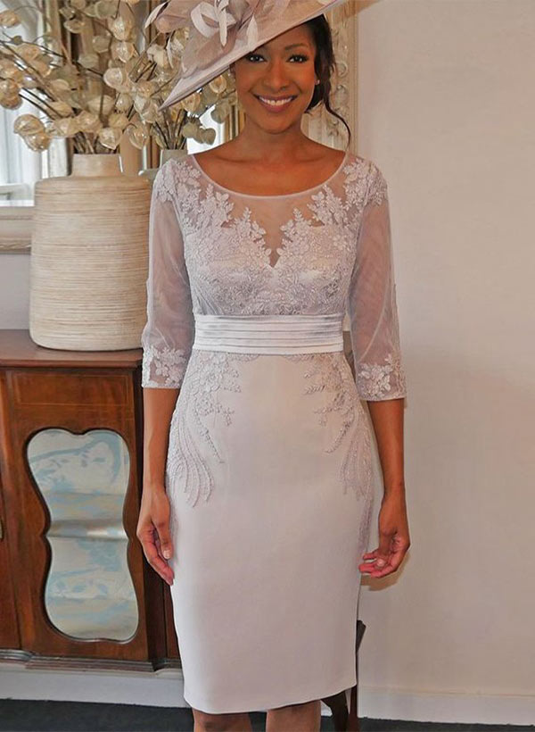 Sheath/Column Scoop Neck Satin Knee-Length Mother of the Bride Dresses With Appliques Lace