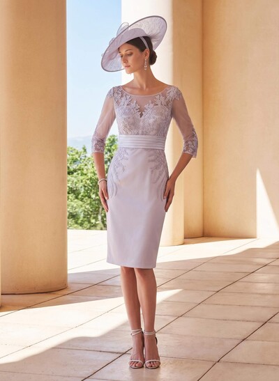 Sheath/Column Scoop Neck Elastic Satin Knee-Length Mother Of The Bride Dresses With Appliques Lace