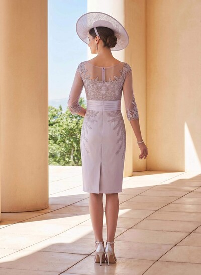 Sheath/Column Scoop Neck Elastic Satin Knee-Length Mother Of The Bride Dresses With Appliques Lace