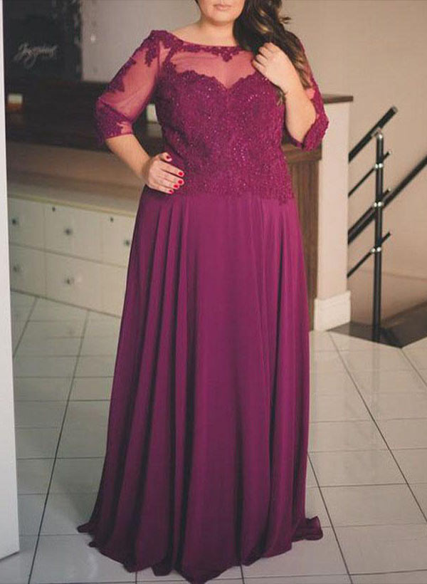 A-Line Scoop Neck Chiffon Floor-Length Chiffon Mother Of The Bride Dresses With Appliques Lace